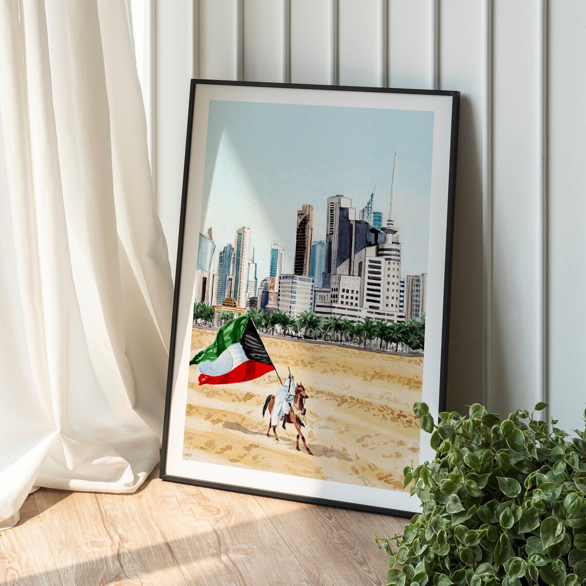 Kuwait City Skyline Watercolor Flag Horseman Desert Scene Poster - Image 2