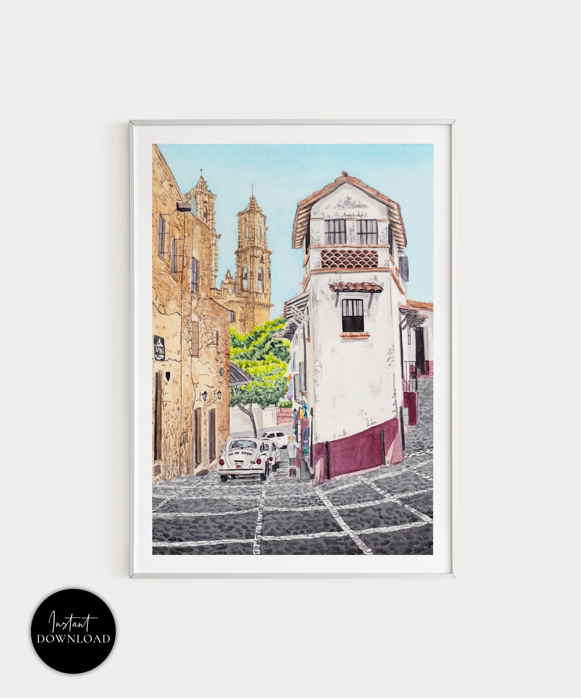 Taxco Mexico Colonial Street Church Towers Watercolor Poster