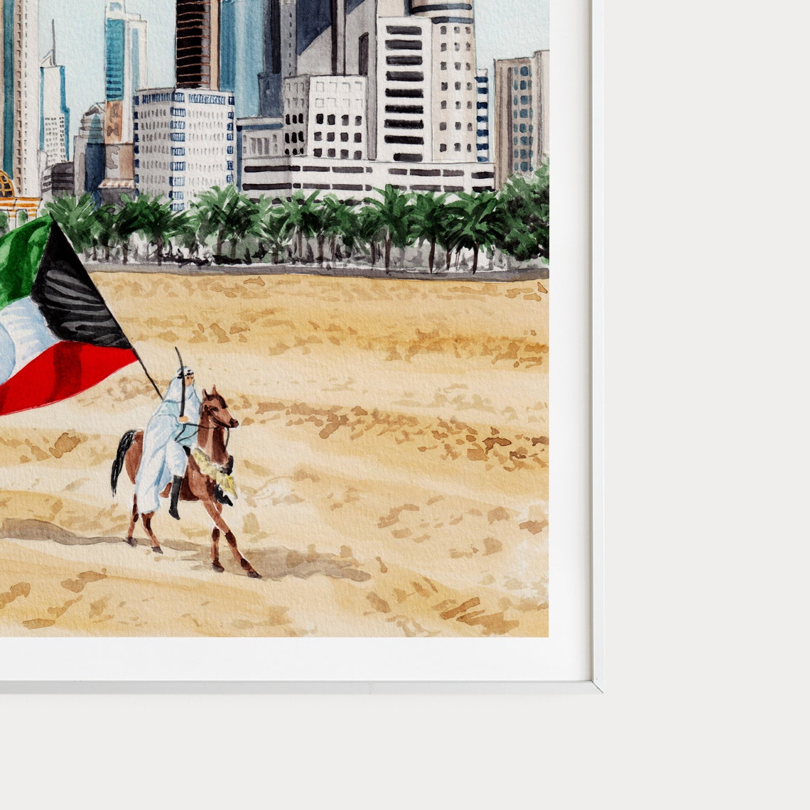 Kuwait City Skyline Watercolor Flag Horseman Desert Scene Poster - Image 3