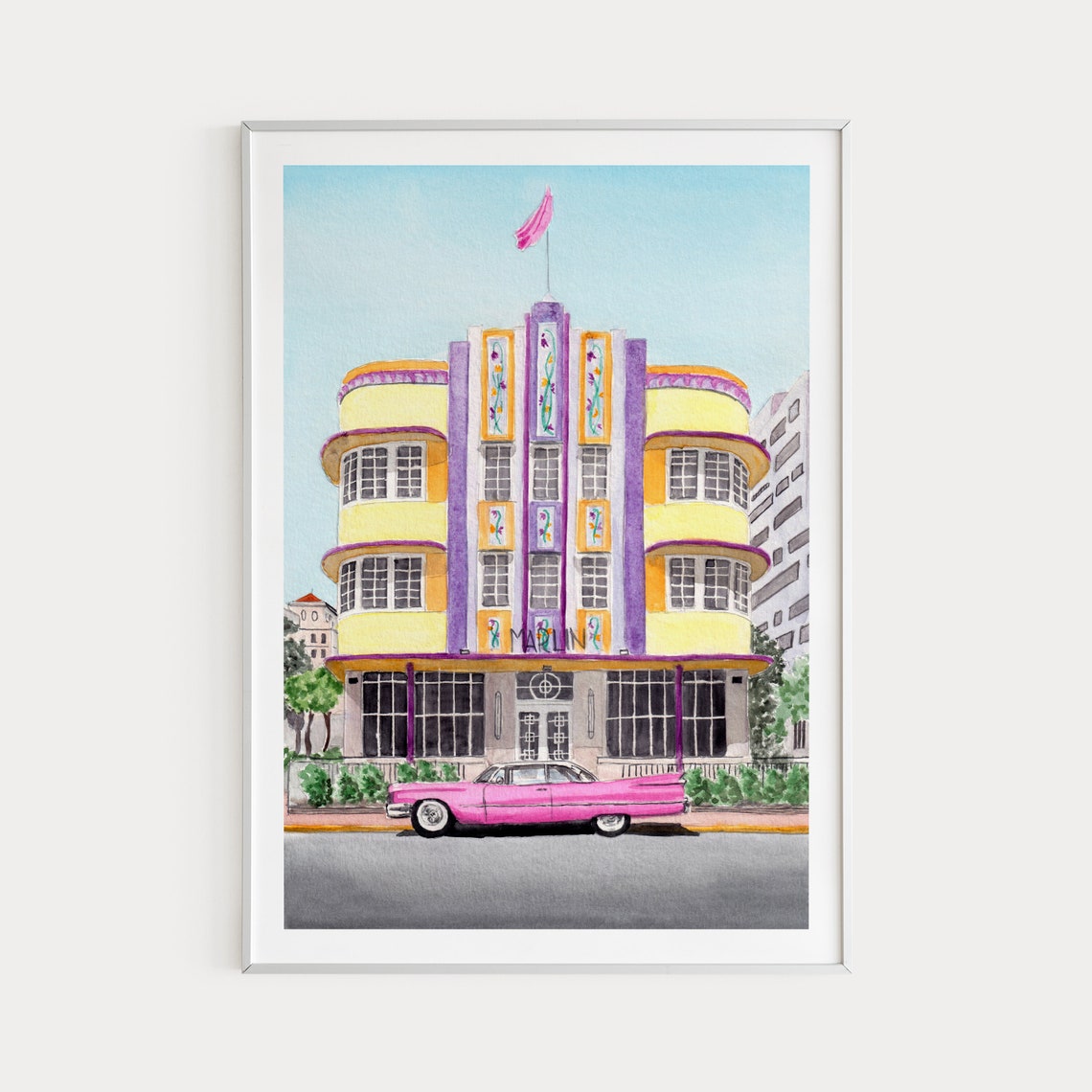 Iconic Miami Beach Art Deco Marlin Hotel Pink Vintage Car Poster