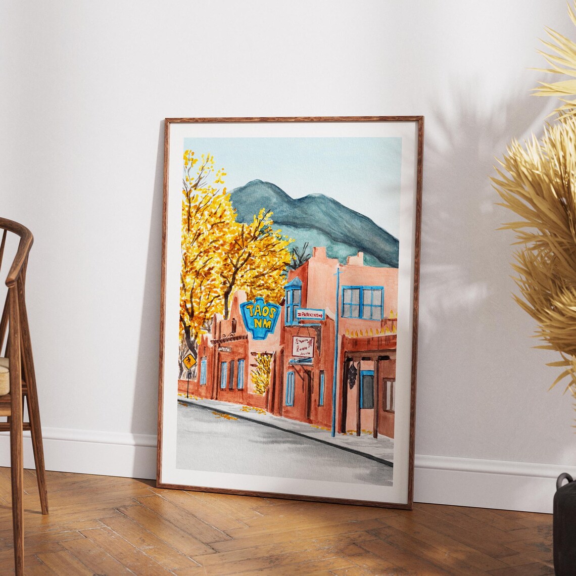 Taos New Mexico Adobe Street Golden Cottonwood Mountain View Poster - Image 3