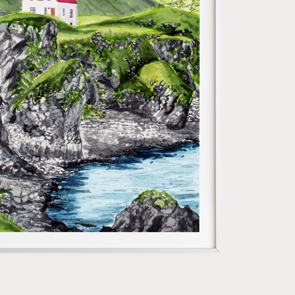Arnarstapi Iceland Red Roof House Cliff Coast Watercolor Poster - Image 2
