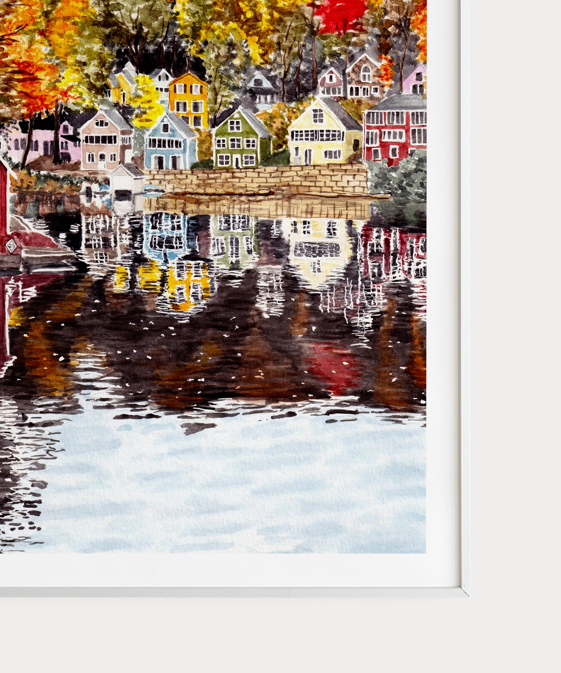 Alton Bay Lake Winnipesaukee Fall Village Reflection Watercolor Poster - Image 3