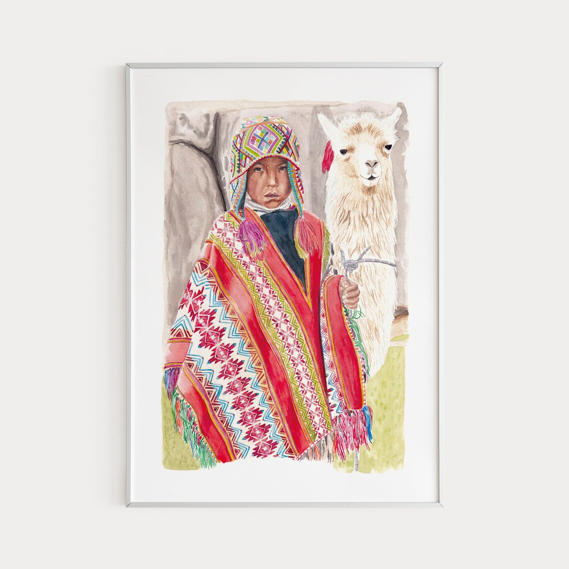 Peruvian Child Traditional Poncho Llama Watercolor Portrait Peru Wall Art