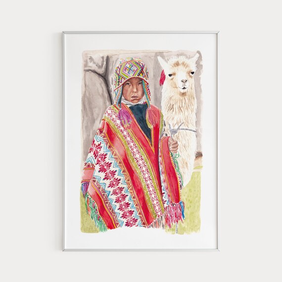 Peruvian Child Traditional Poncho Llama Watercolor Portrait Peru Wall Art