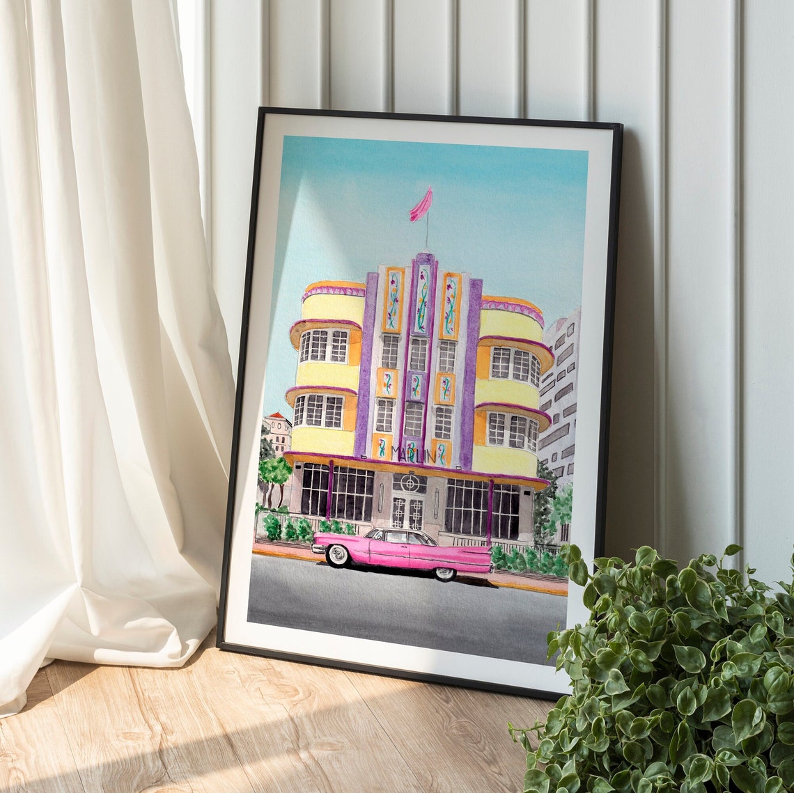 Iconic Miami Beach Art Deco Marlin Hotel Pink Vintage Car Poster - Image 3