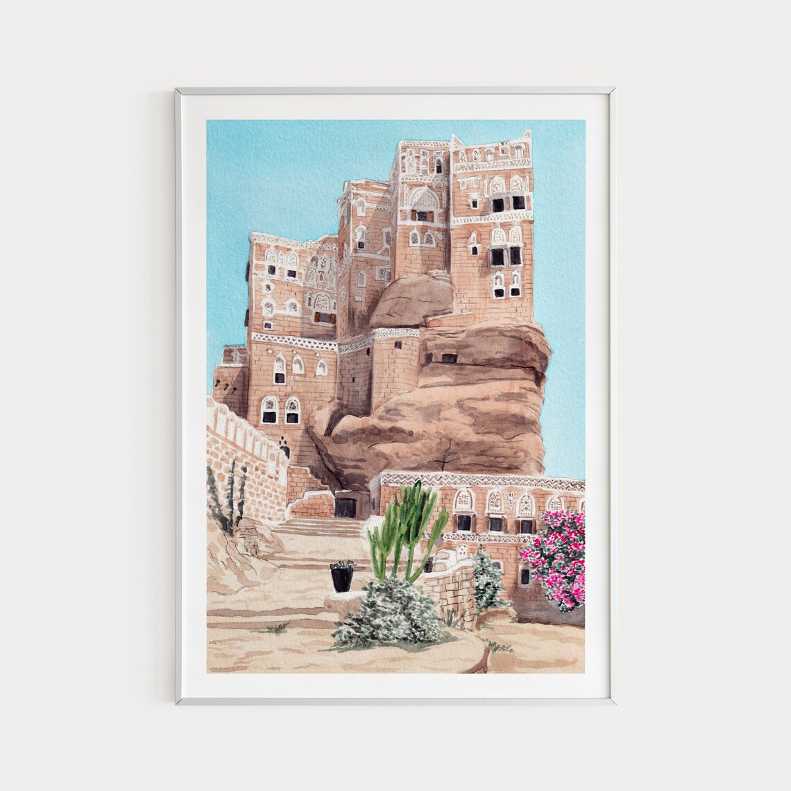 Dar Al Hajar Yemen Watercolor Travel Poster Art