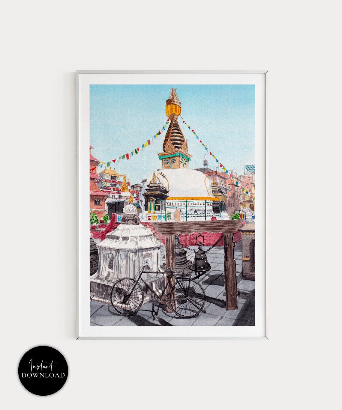 Kathmandu Watercolor Travel Poster, Nepal Art