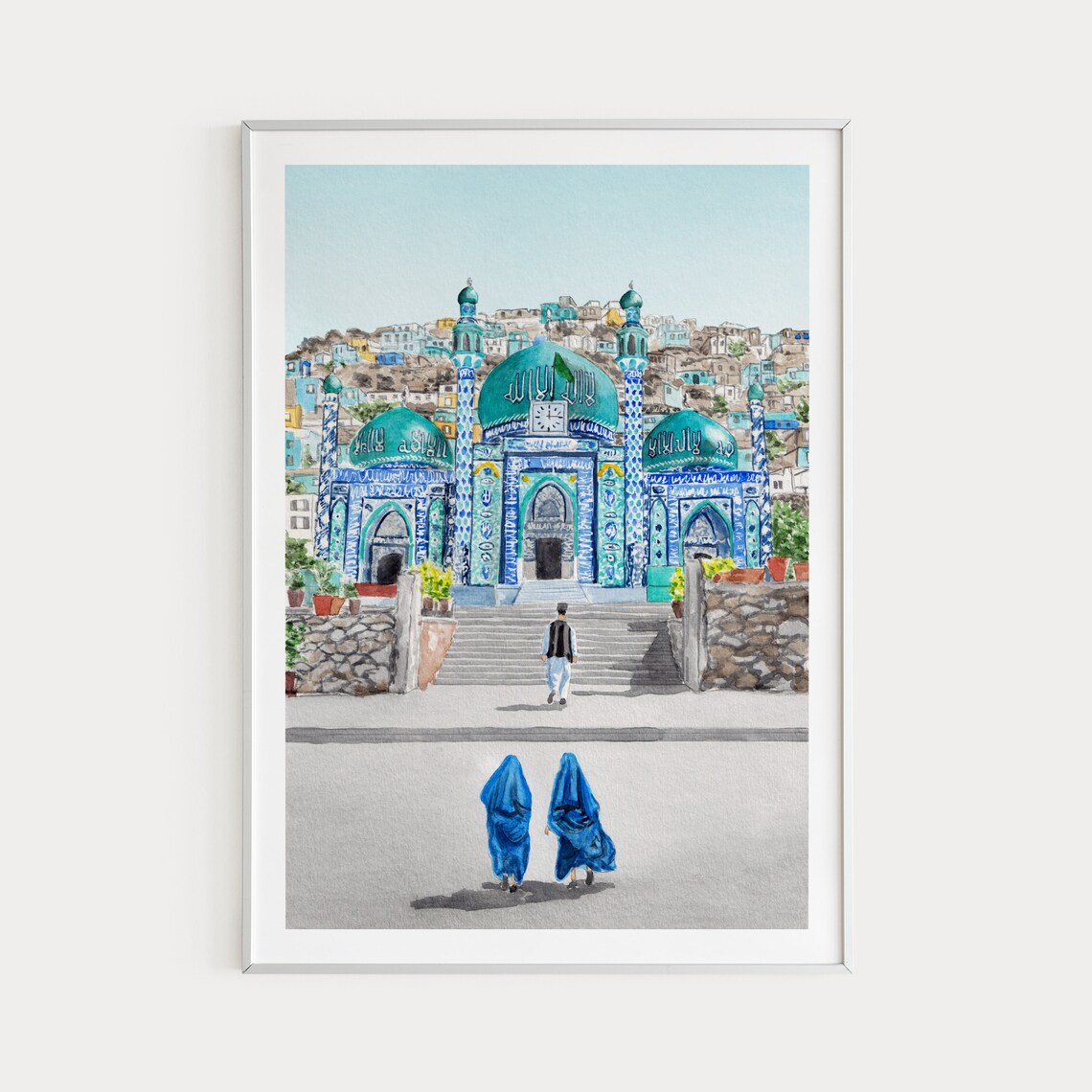 Afghanistan Blue Domed Shrine Watercolor Painting Art Poster