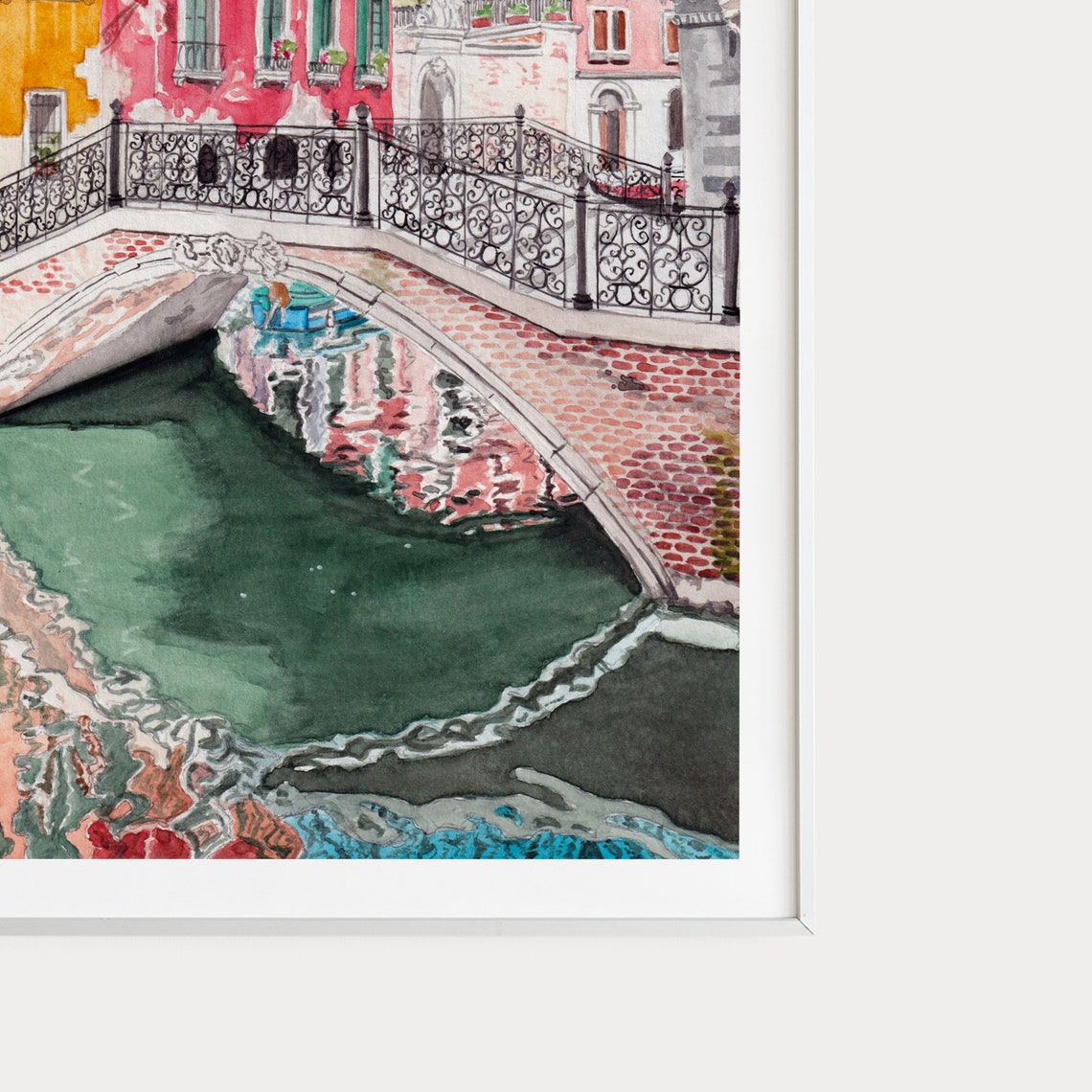 Venice Italy Canal Brick Bridge Reflection Watercolor Poster - Image 3