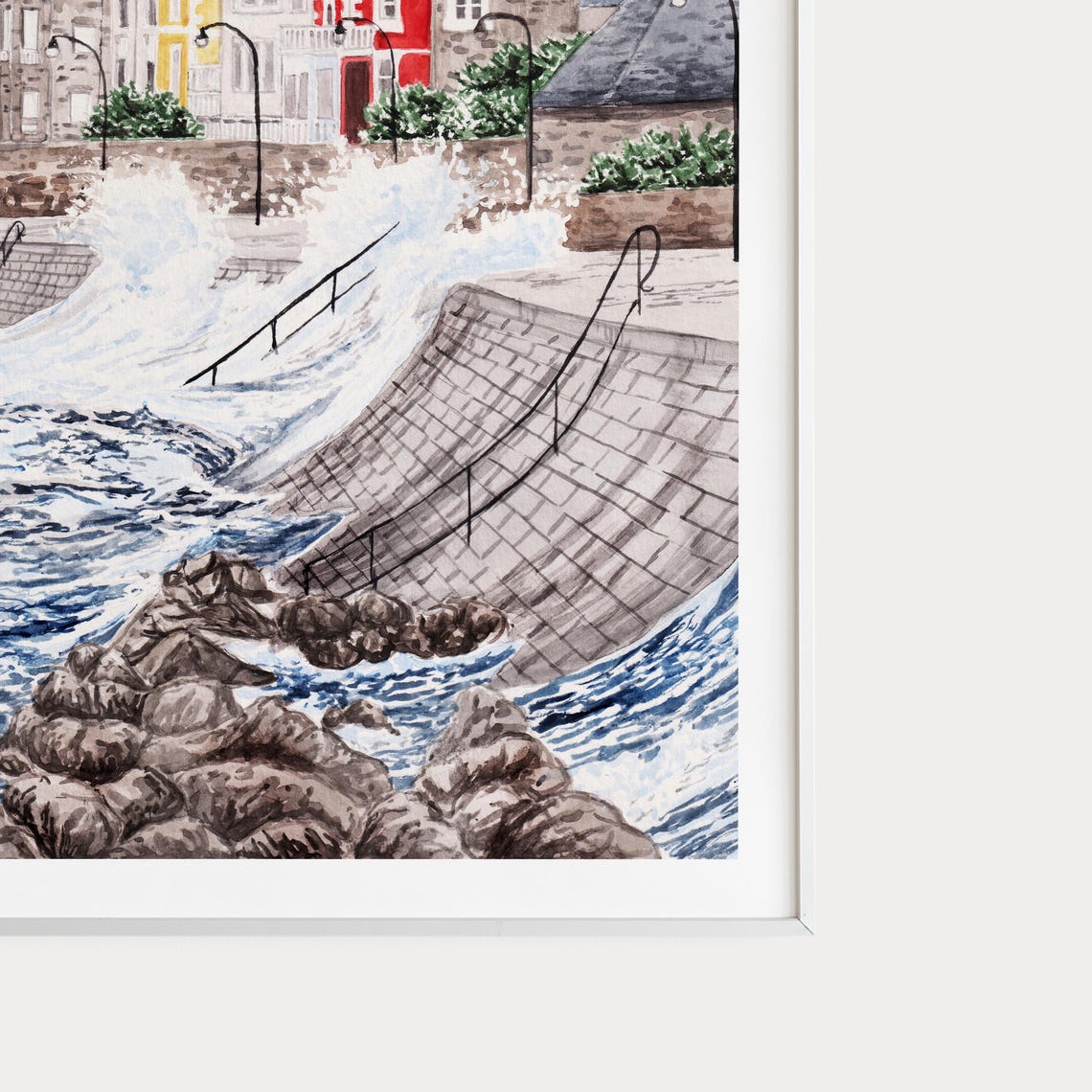 Saint Malo Brittany Waves Crashing On Seawall Colorful Houses Poster - Image 2