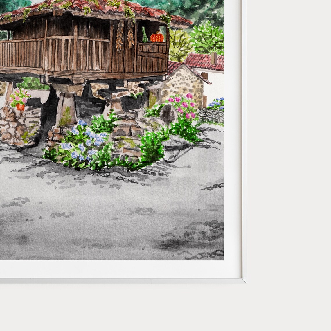 Asturias Spain Wooden Hórreo Granary Mountain Watercolor Poster - Image 2