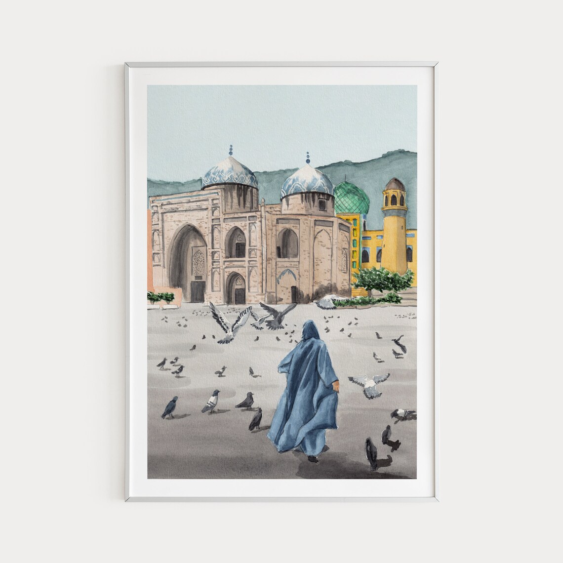 Khujand Tajikistan Historic Blue Domed Mosque Watercolor Art Poster