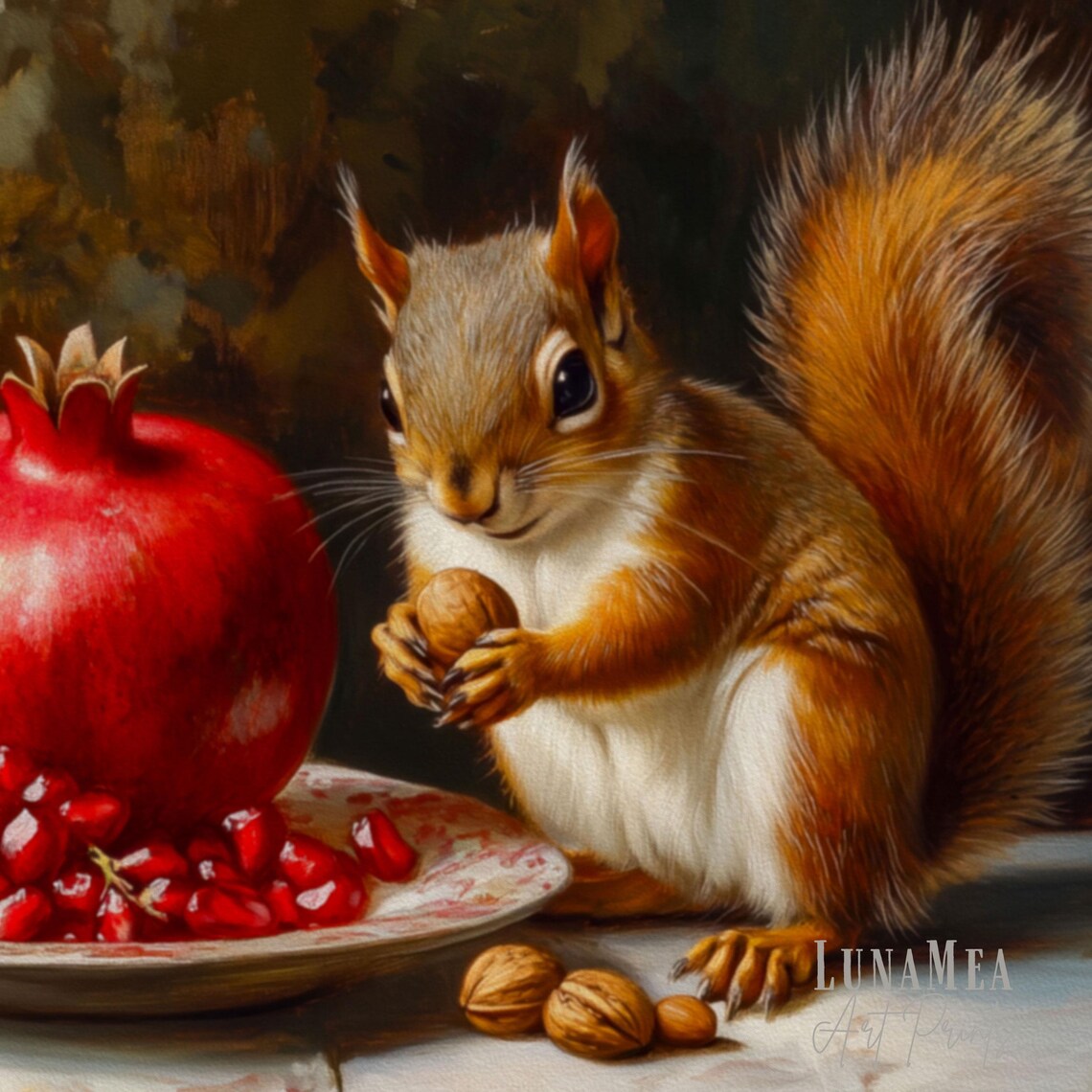 Squirrel with Pomegranate Autumn Still Life Vintage Animal Painting Wall Art - Image 3