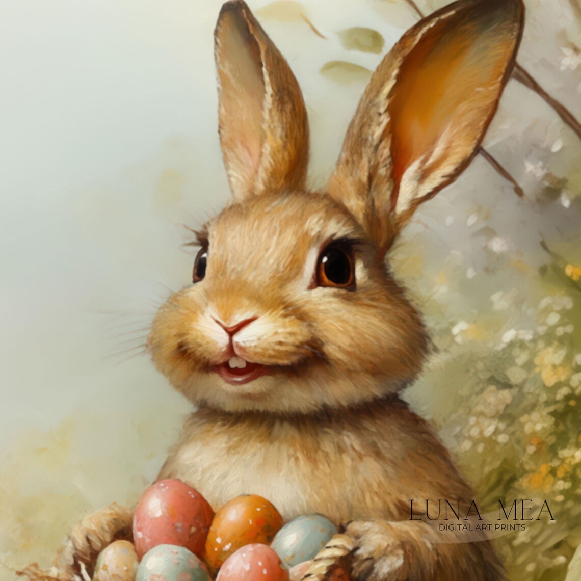 Smiling Easter Bunny Holding Basket Of Painted Eggs Spring Nursery Art Poster - Image 3