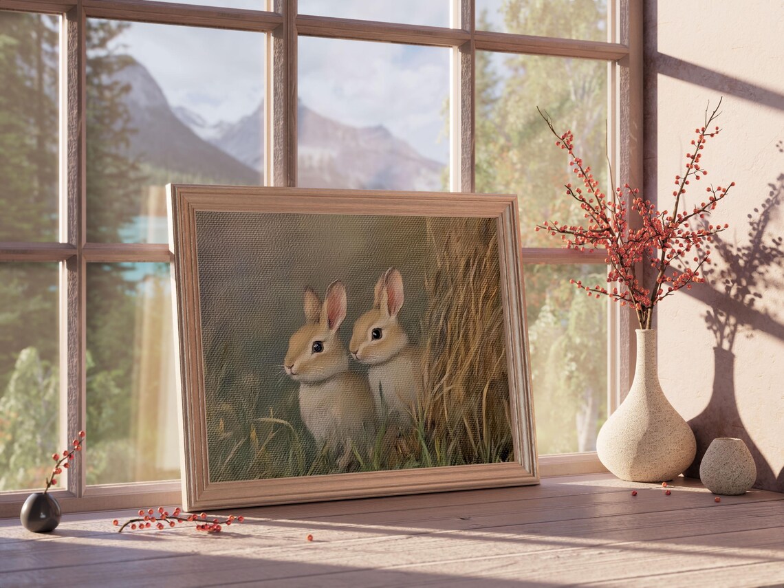 Two Vintage Rabbits In Meadow Grass Soft Neutral Nursery Animal Art Poster - Image 3