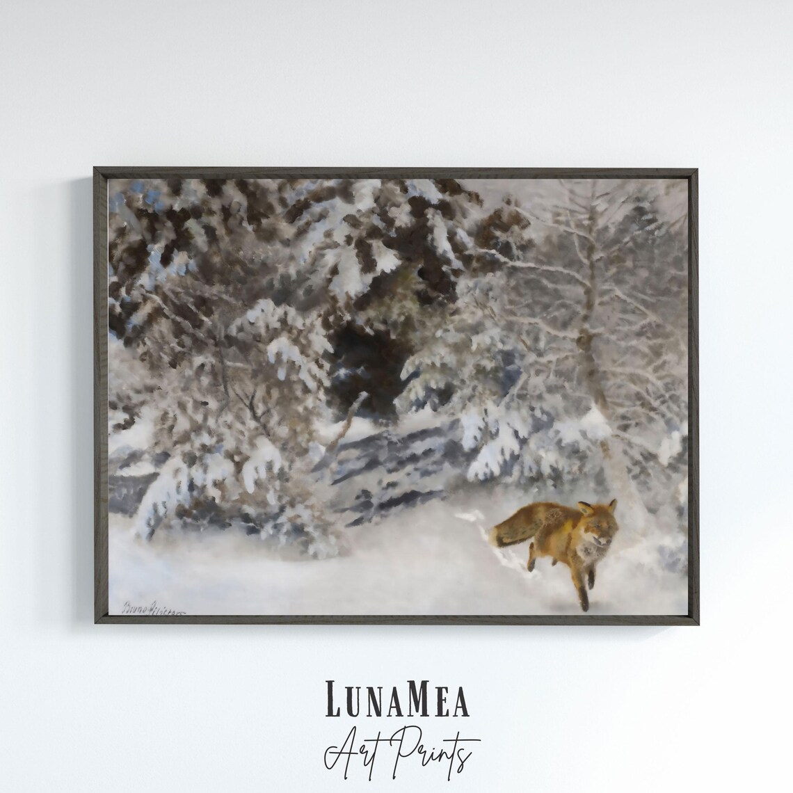 Winter Fox Running Snowy Forest Vintage Landscape Animal Painting Wall Art - Image 3