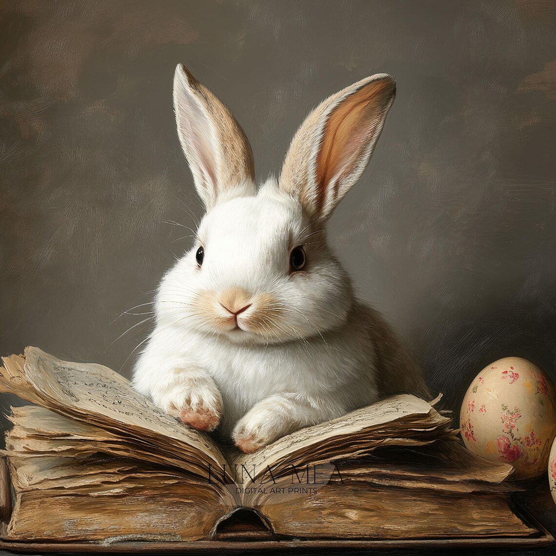 Vintage White Bunny Reading Antique Book With Painted Easter Eggs Art Poster - Image 3