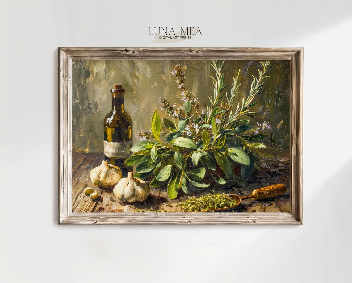 Kitchen Still Life Herbs and Garlic Vintage Art Print