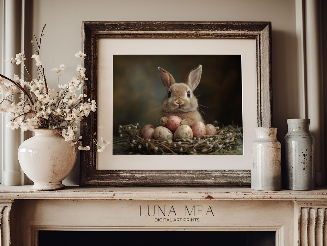 Vintage Easter Bunny With Nest Of Speckled Eggs Floral Spring Art Poster - Image 2
