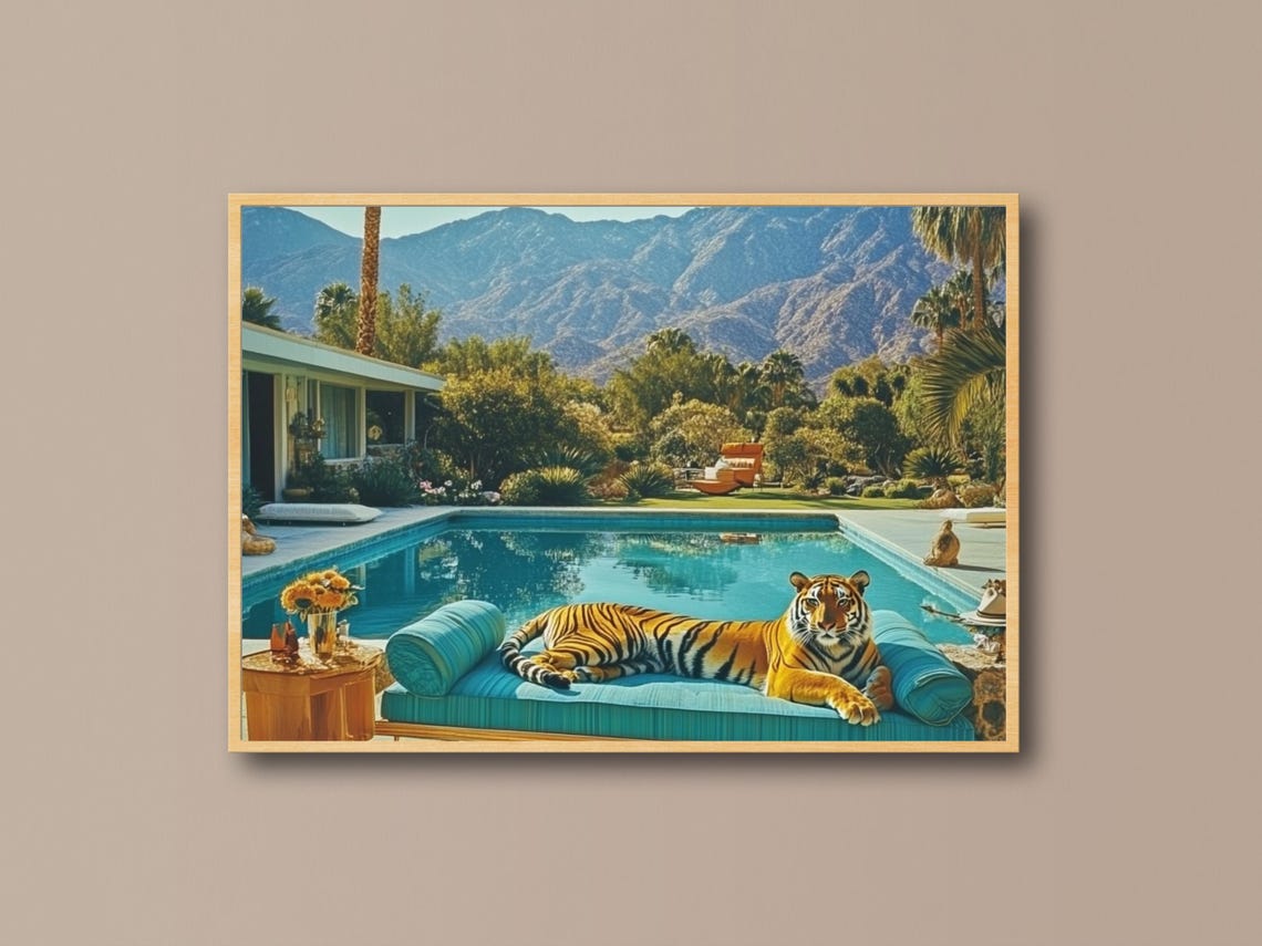 Tiger Lounging Poolside Mid Century Palm Springs Desert Villa Poster