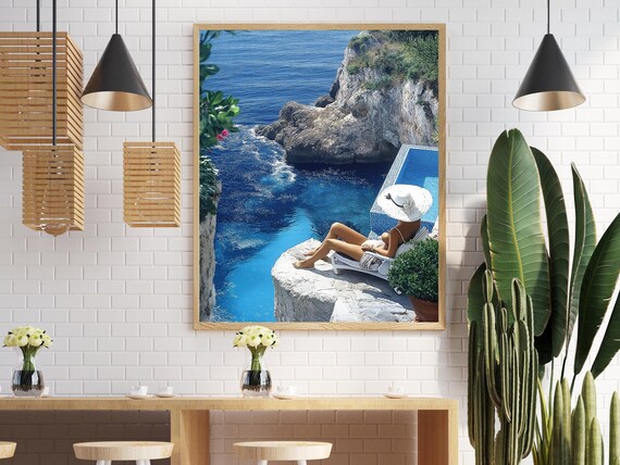 Cliffside Pool Woman Above the Ocean Glam Summer Day Art Poster