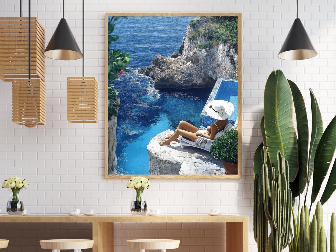 Cliffside Pool Woman Above the Ocean Glam Summer Day Art Poster