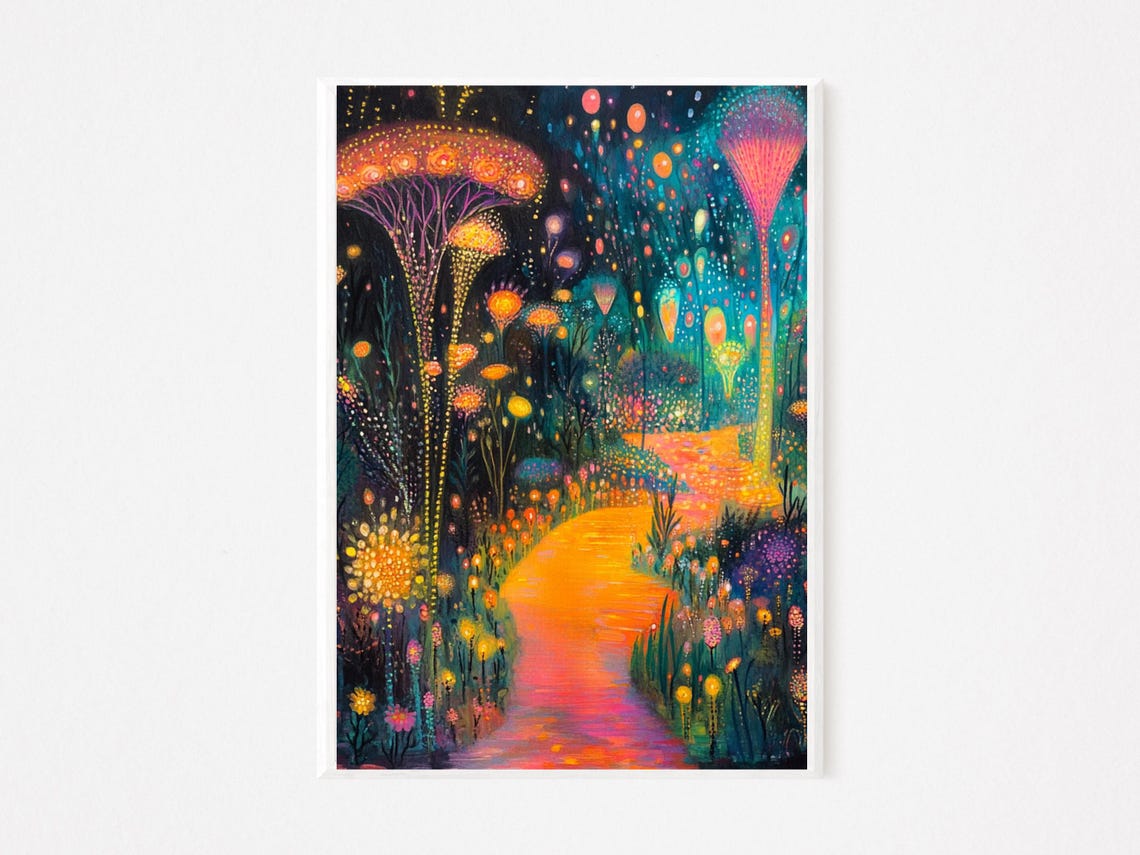 Glowing Orange Path Through Magical Night Garden Fantasy Art Poster