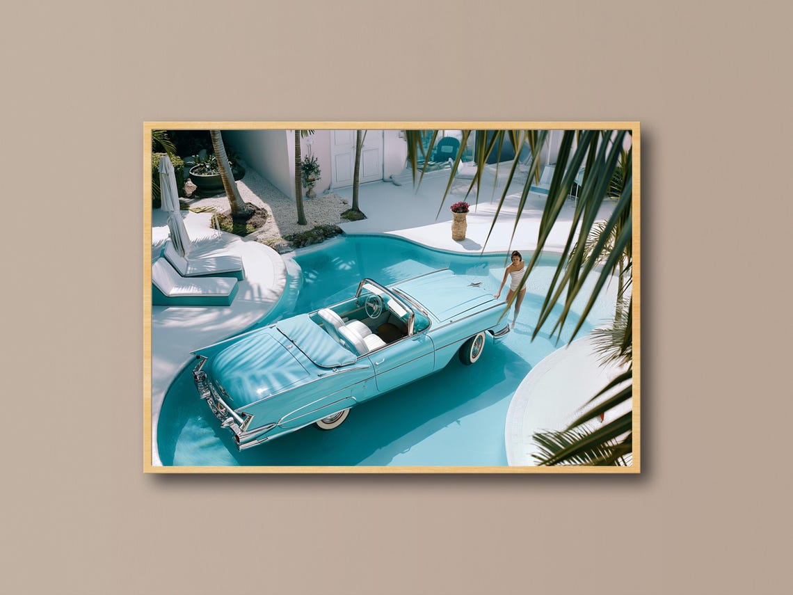 Retro Blue Convertible By The Pool Midcentury Summer Wall Art