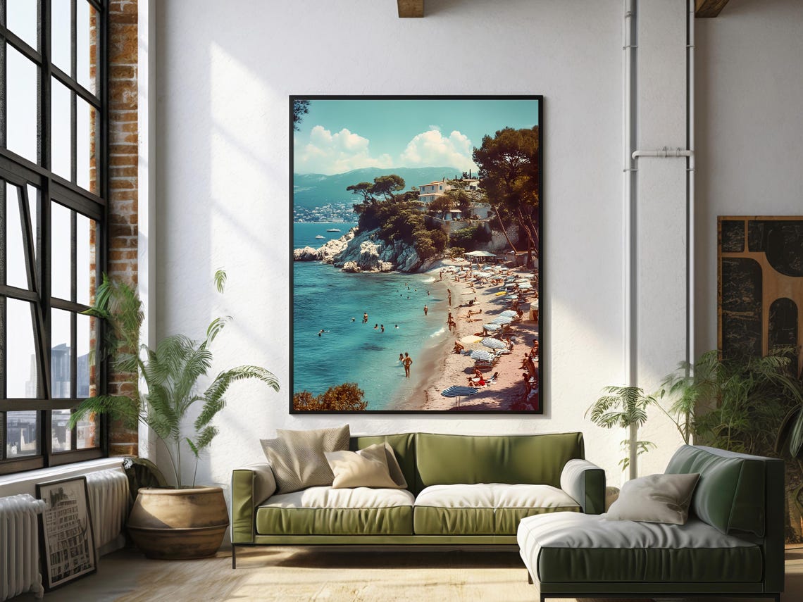 Vintage Cliffside Beach Cove Umbrellas Swimmers Coastal Art Poster