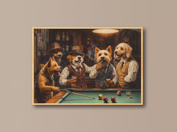 Dogs Playing Pool Wall Art Vintage Painting Print Funny Game Room Masculine Office Decor