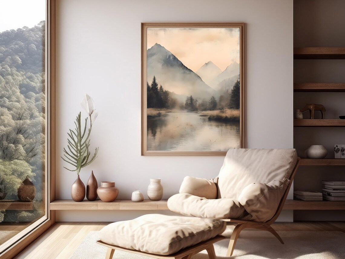 Misty Mountain Lake Reflection Sepia Watercolor Nature Poster