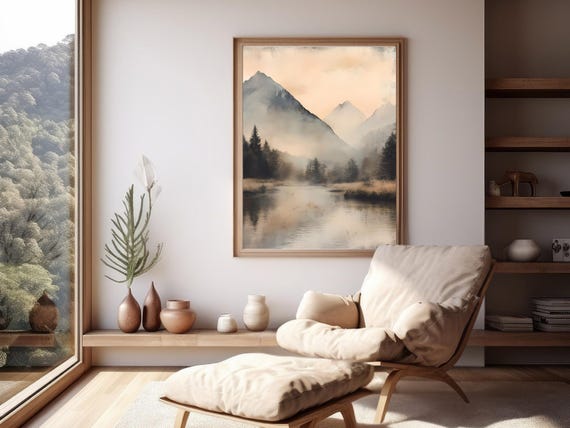 Mountain Mist Landscape Wall Art Serene Nature Print Set Calming Forest Decor