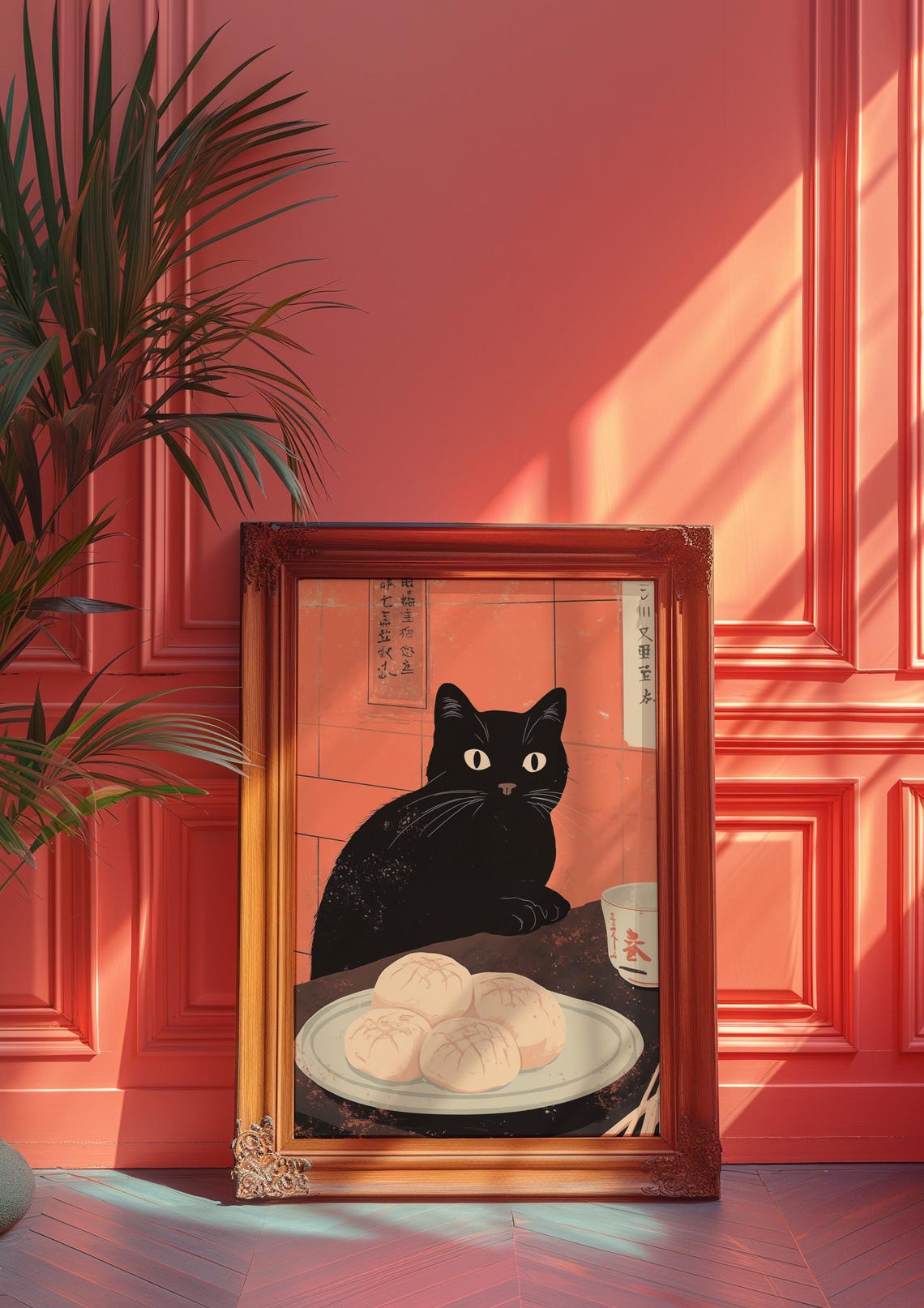 Vintage Japanese Style Black Cat with Steamed Buns Kitchen Poster - Image 2