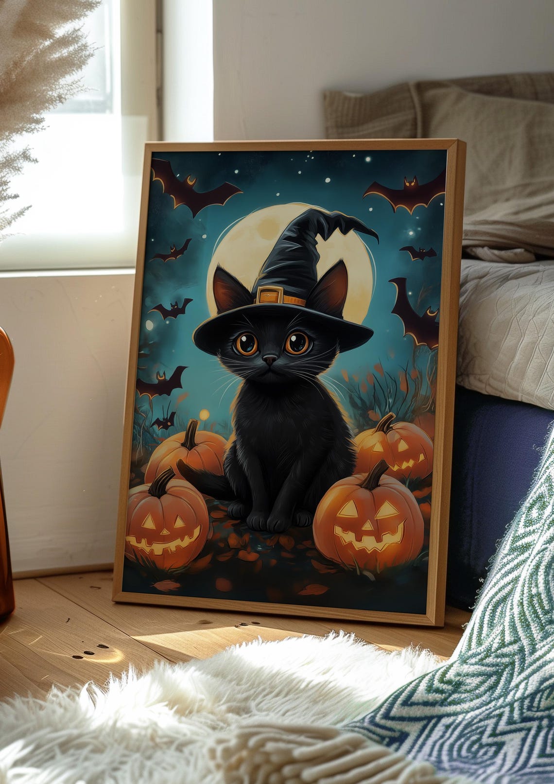 Black Cat Witch Hat Halloween Pumpkin Night Magical Moon Poster - Image 2
