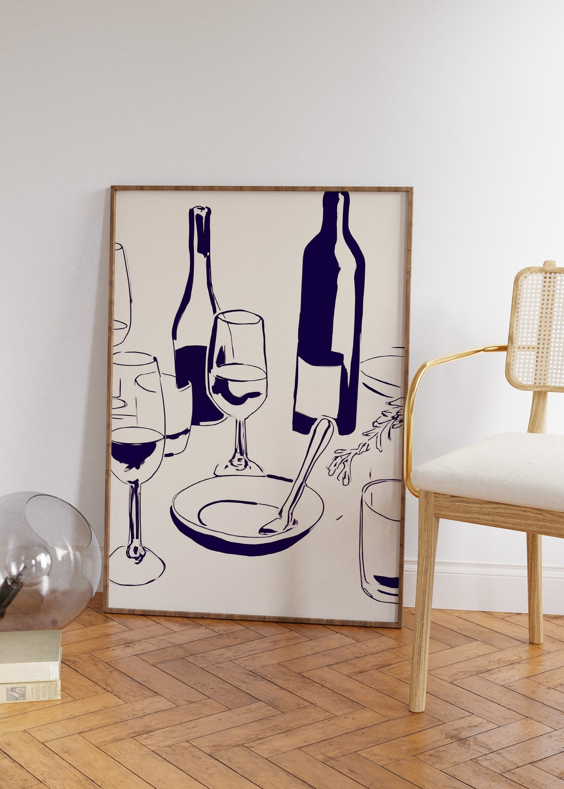 Minimalist Navy Line Art Poster of Wine Bottles and Glasses on Cream - Image 4