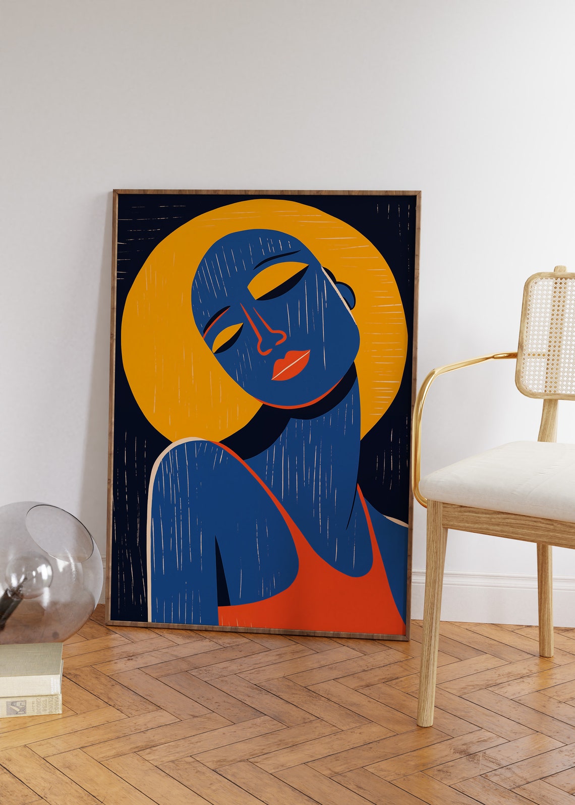Bold Blue Woman Abstract Portrait Poster with Orange Sun Halo Design - Image 4