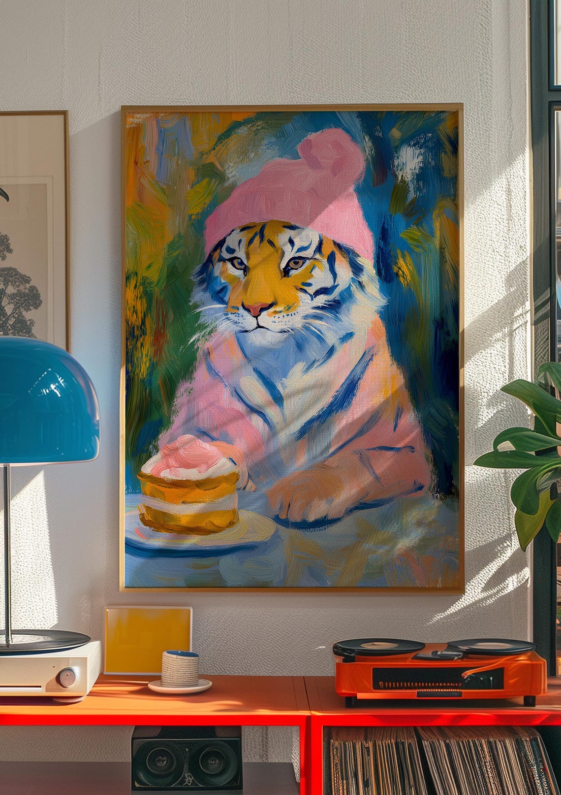 Tiger in a Pink Beanie with a Strawberry Cake Slice Art Poster - Image 4