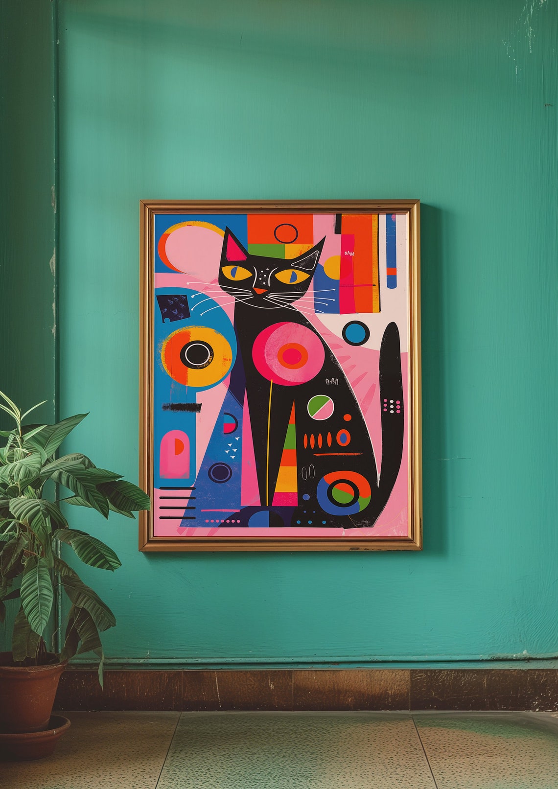 Black Cat Geometric Shapes Colorful Abstract Modern Art Poster - Image 3
