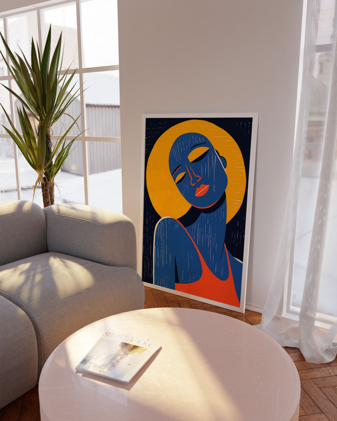 Bold Blue Woman Abstract Portrait Poster with Orange Sun Halo Design - Image 2