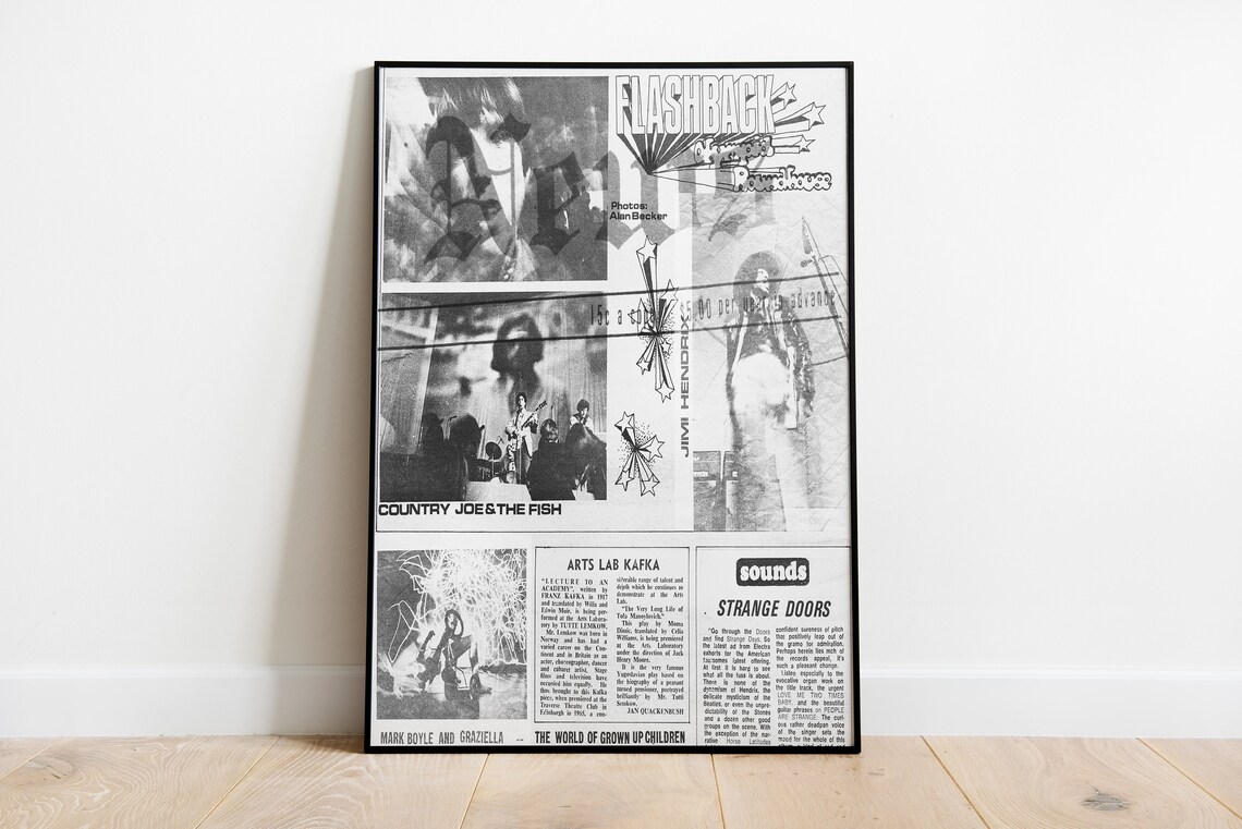 Black and White 70s Newspaper Collage Poster with Rock Music Clippings - Image 3