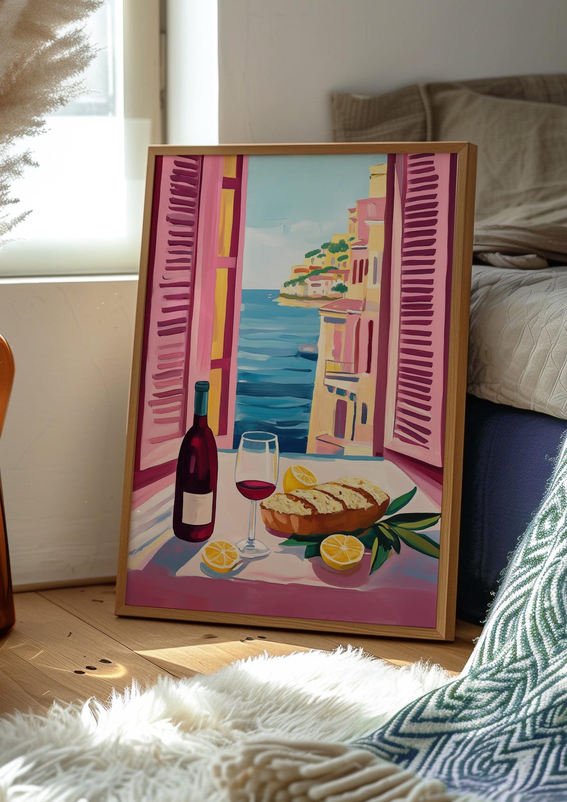 Coastal Village View Through Pink Shutters Wine Bread Poster - Image 3