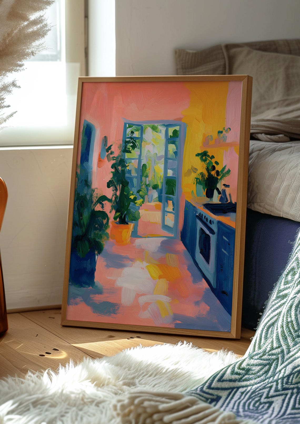 Sunny Pink Kitchen with French Doors and Garden Plants Poster - Image 2