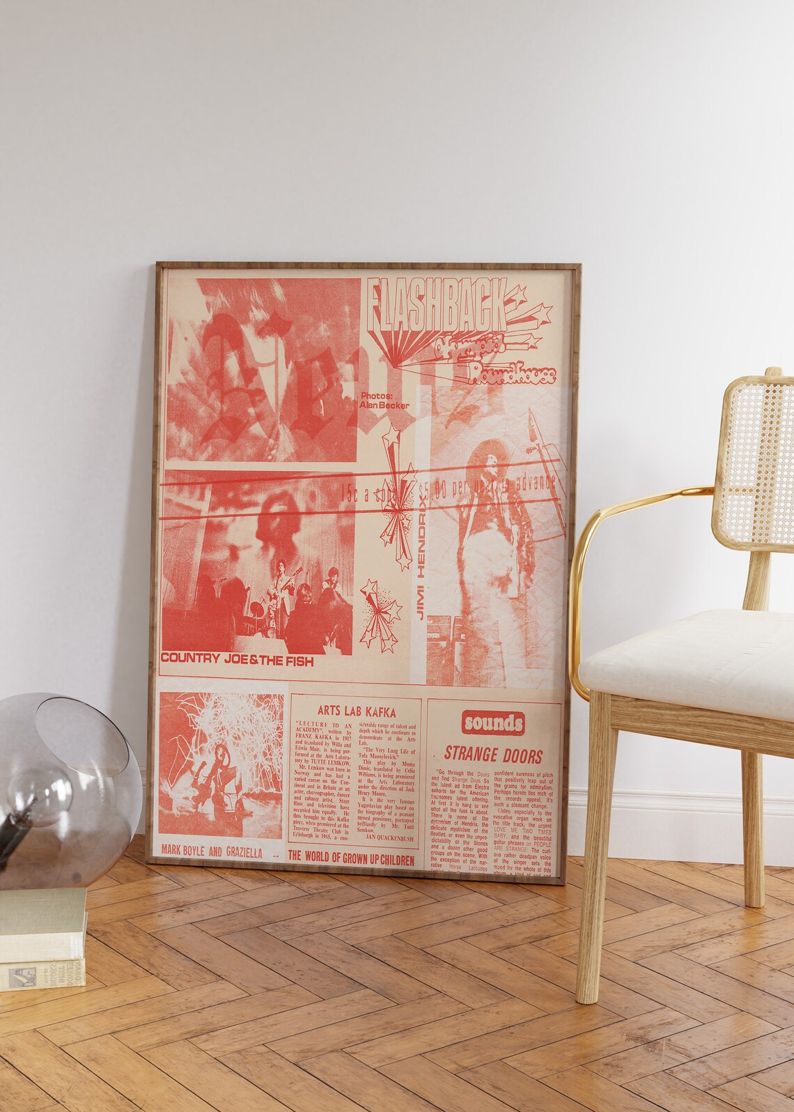 Red Wall Art Newspaper Retro Hippie Poster