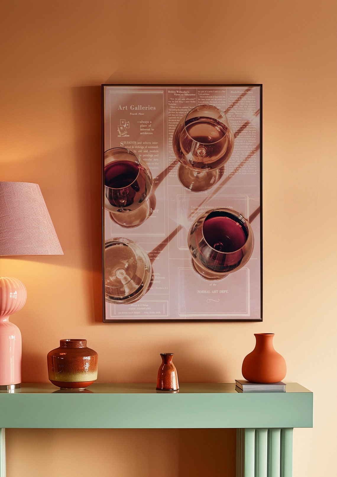 Pink Newspaper Collage with Floating Red Wine Glasses Poster - Image 2