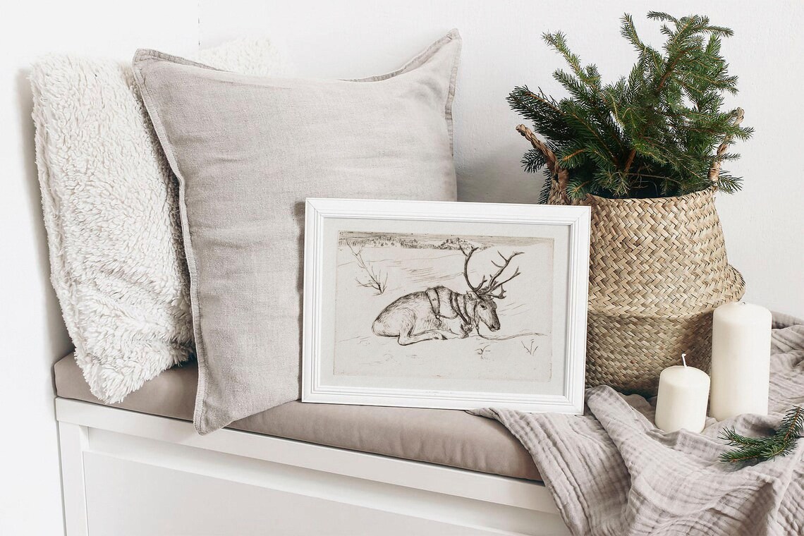 Vintage Christmas Reindeer Drawing, Farmhouse Art Print - Image 2