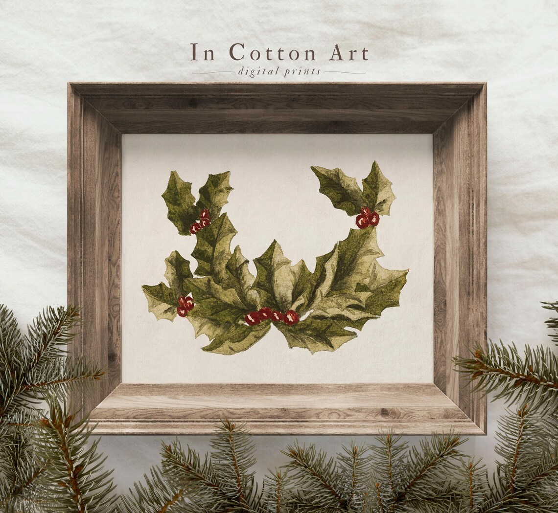 Christmas Holly Sprig Watercolor Red Berries Holiday Art Print - Image 3