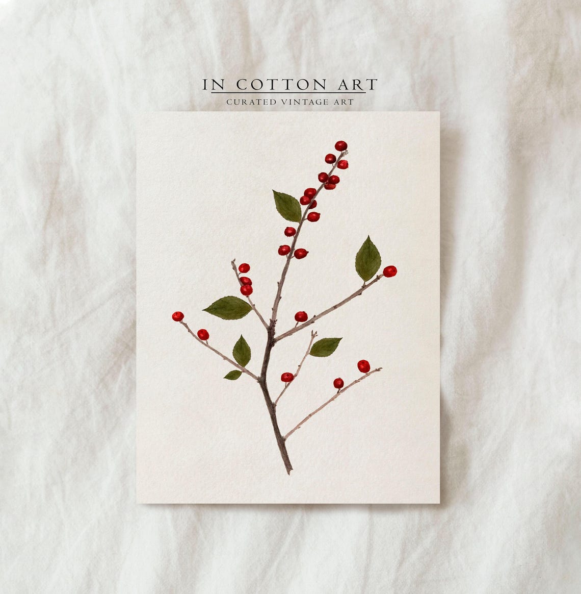 Red Winterberry Branch Watercolor Minimalist Botanical Art Print