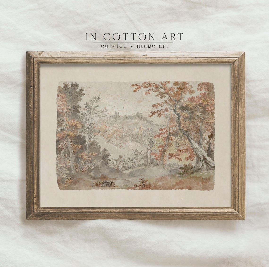 Delicate Autumn Watercolor Park Figures Distant Town Art Print - Image 3