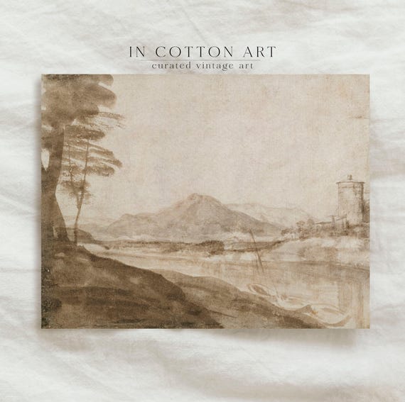 Vintage Rustic Lodge Wall Art Peaceful Riverside Watercolor Painting Muted Neutral Landscape P180